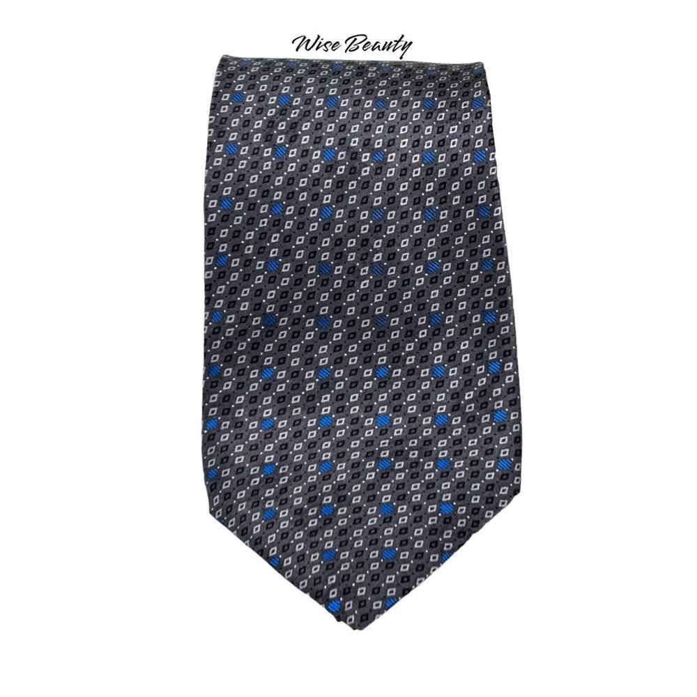 Crescenzo Collection Men’s 100% Silk Tie Designer Necktie Silver Gray Navy EUC